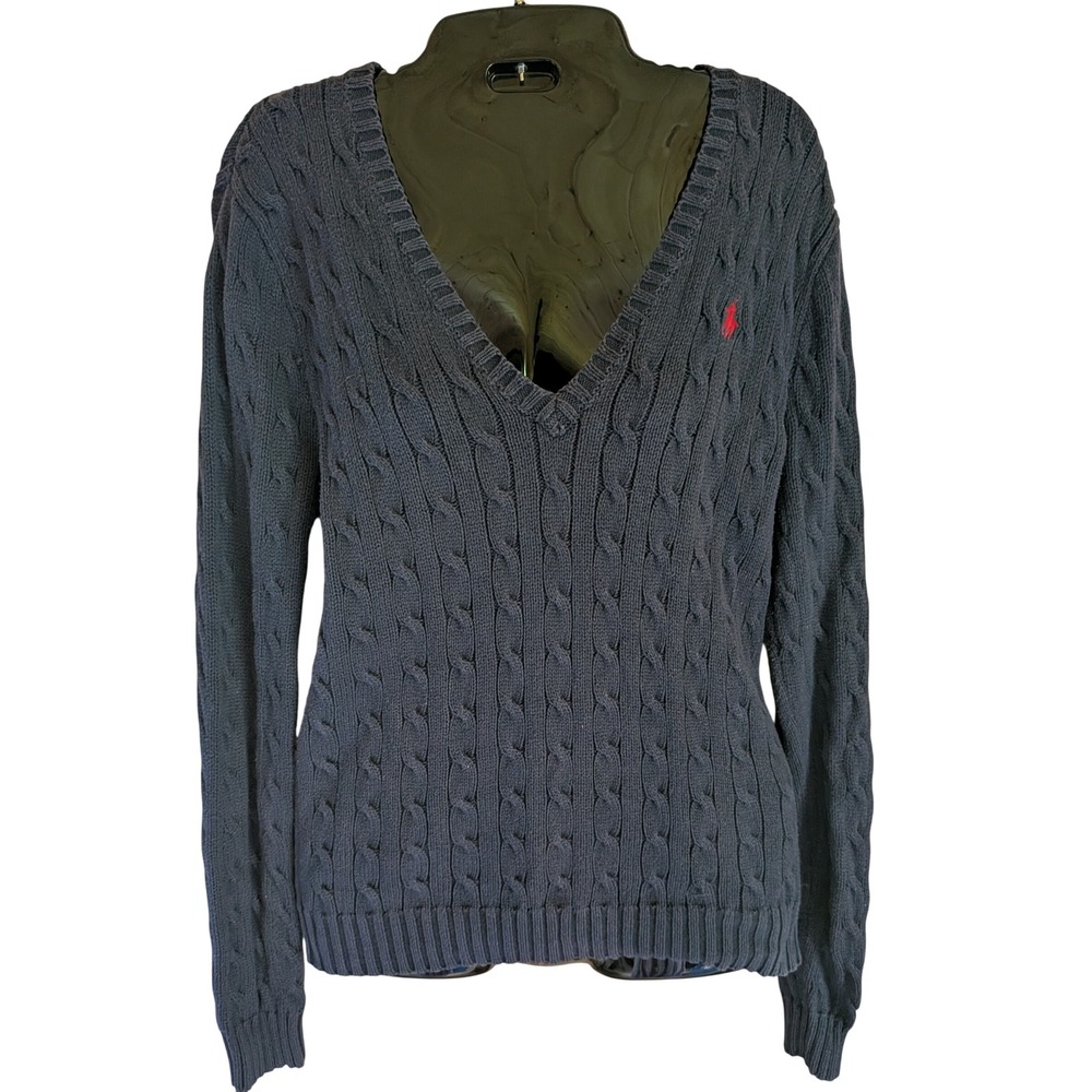 Ralph Lauren Sport Sweater L Preppy Old Money Coastal Academia Cable Knit V-Neck
